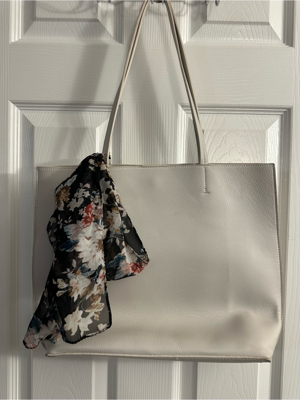 Classic Cream Tote Bag with Floral Scarf and Matching Wallet